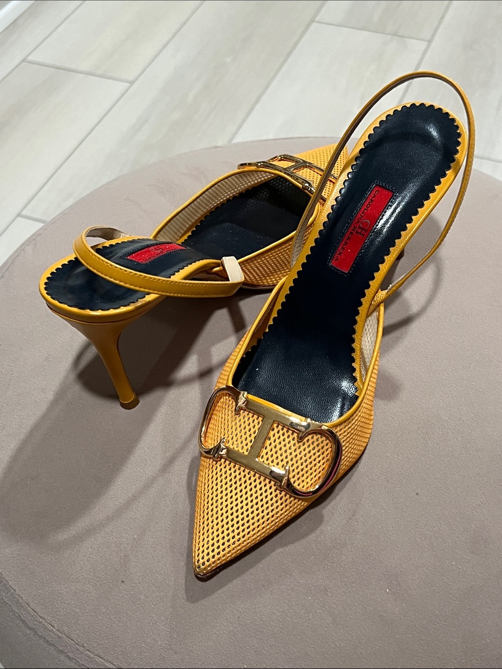 Carolina Herrera Yellow Pointed-Toe Slingback Heels with Gold Buckle